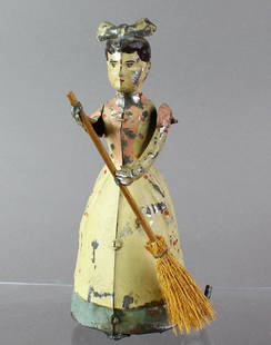 1900s Gunthermann/Issameyer German Tin Wind Up Maid Sweeping: Issameyer original hand painted tin wind up maid sweeping broom. Very fine working original Pre-War German tin toy, 7 1/2 inches tall.