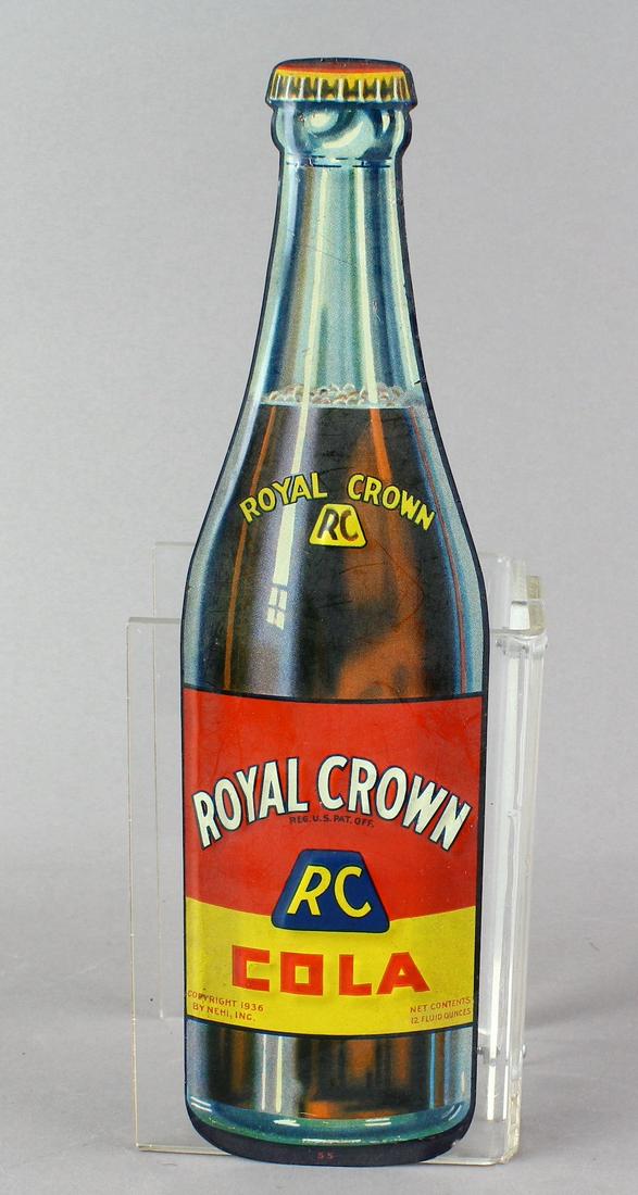 Royal Crown Cola Bottle Tin Sign: Royal Crown Cola Bottle Sign. Embossed, excellent tin lithography. Great size. Soda Fountain advertising sign 11 3/4 inches tall.