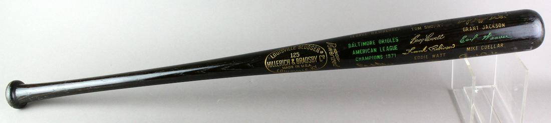 1971 Baltimore Orioles Champions Baseball Bat: 1971 Baltimore Orioles Champions Baseball Bat. H&B Louisville Slugger Baltimore Orioles American League Champions Bat. Names and signatures of all the 1971 players. Fantastic team with Jim Palmer,