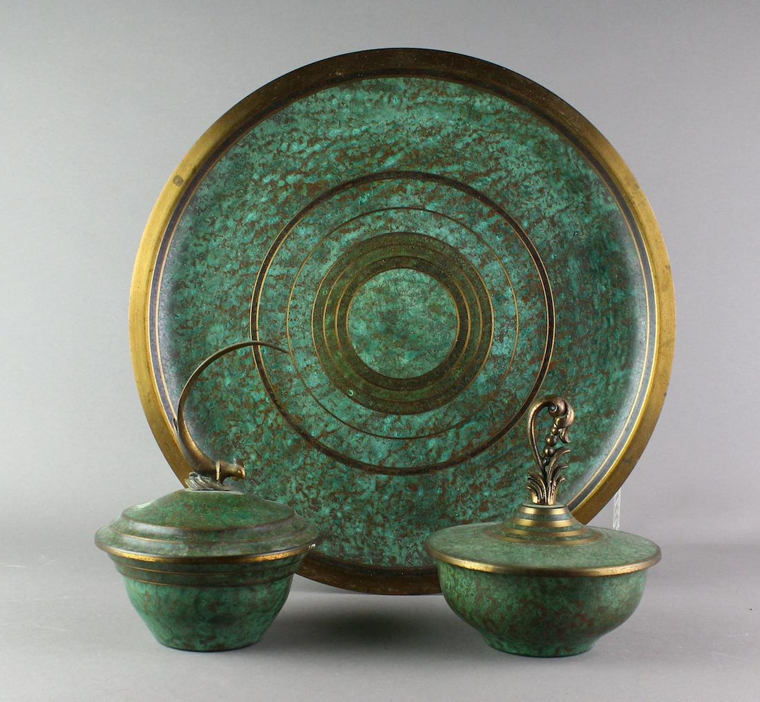 Art Deco Carl Sorensen Verdigris Bronze Charger & Bowls (1 of 4)