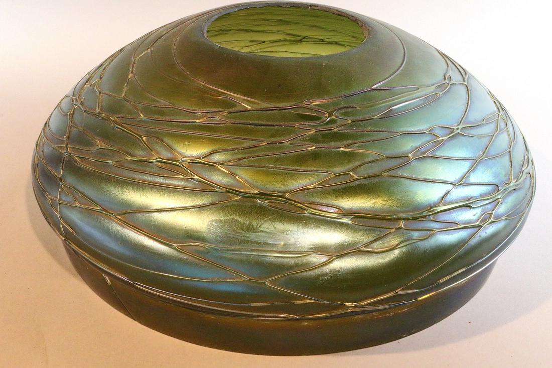 Loetz Iridescent Green Arts and Crafts Lamp Shade: Loetz Iridescent Green Arts and Crafts Lamp Shade, repaired crack 15 inches