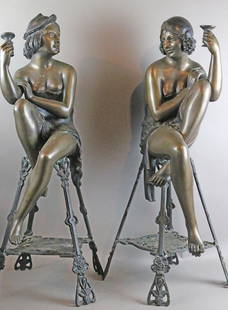 De Lucca Art Deco Bronze Flapper Girl Statues Pair: De Lucca Art Deco Bronze Flapper Girl Statues Pair 32 h