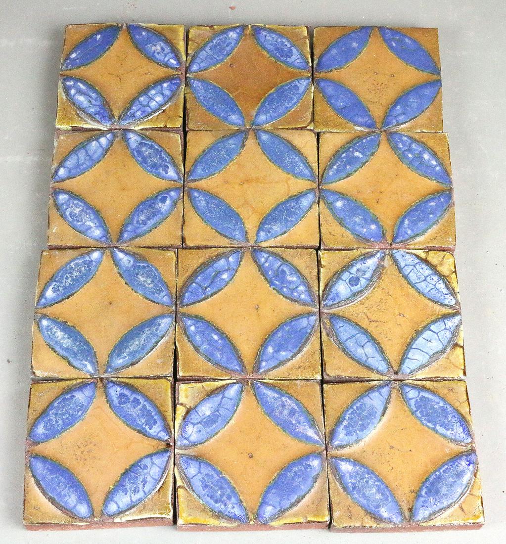 Grueby Blue and Ochre Tile Lot (1 of 3)