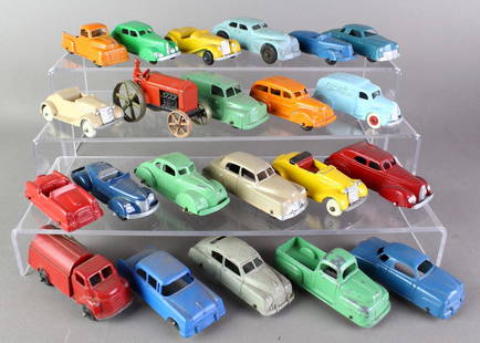 1940s Tootsie Toy Cars & Trucks 22!: Twenty Two 1940s Tootsie Toy Cars & Trucks, Tractor and Special Delivery van. Large group, some repainting, 4 inches long.