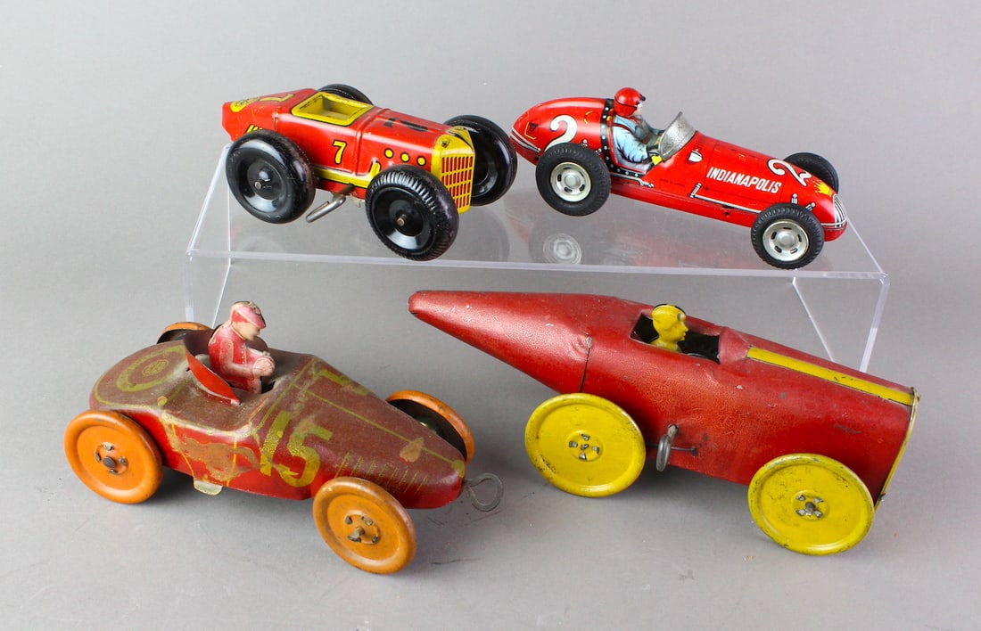 4 Tin Wind Race Cars Marx, Mohawk & (1 of 4)