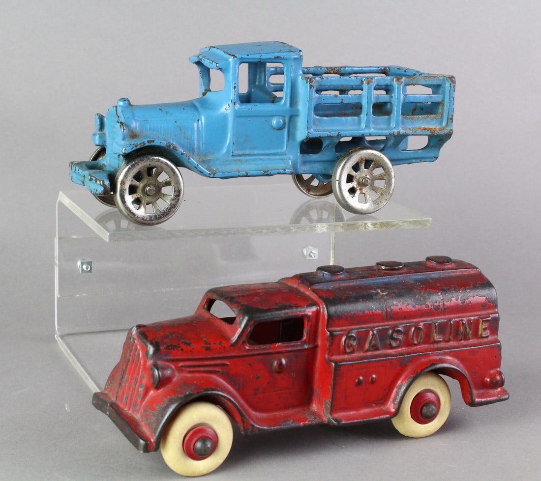 Hubley Gasoline Tanker & Stake Truck: Hubley Gasoline Tanker & Stake Truck, longest 7 inches.