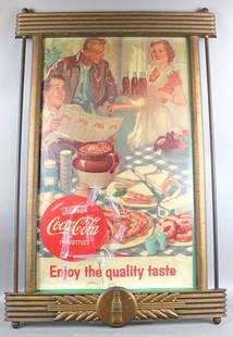 Coca Cola Advertising Sign 1949: Coca Cola Advertising Sign 1949, 32x15, repaired w tape