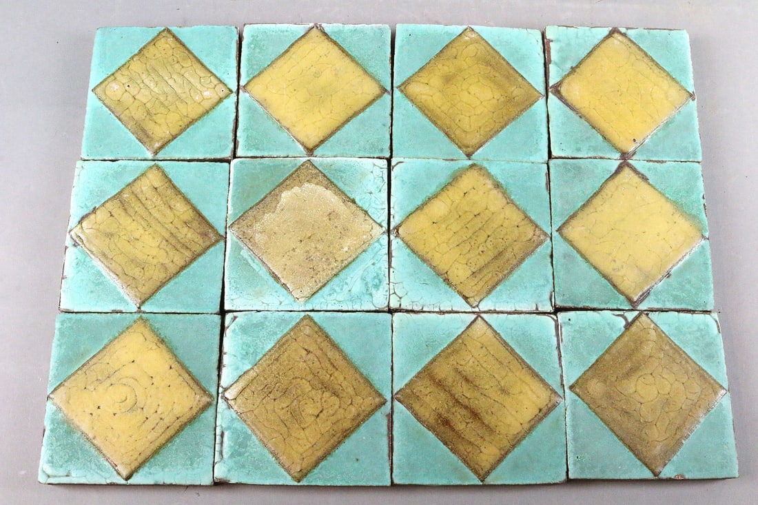 Grueby Green and Mustard Triangle Tiles, 4x4, 12: Grueby Green and Mustard Triangle Tiles, 4x4, 12