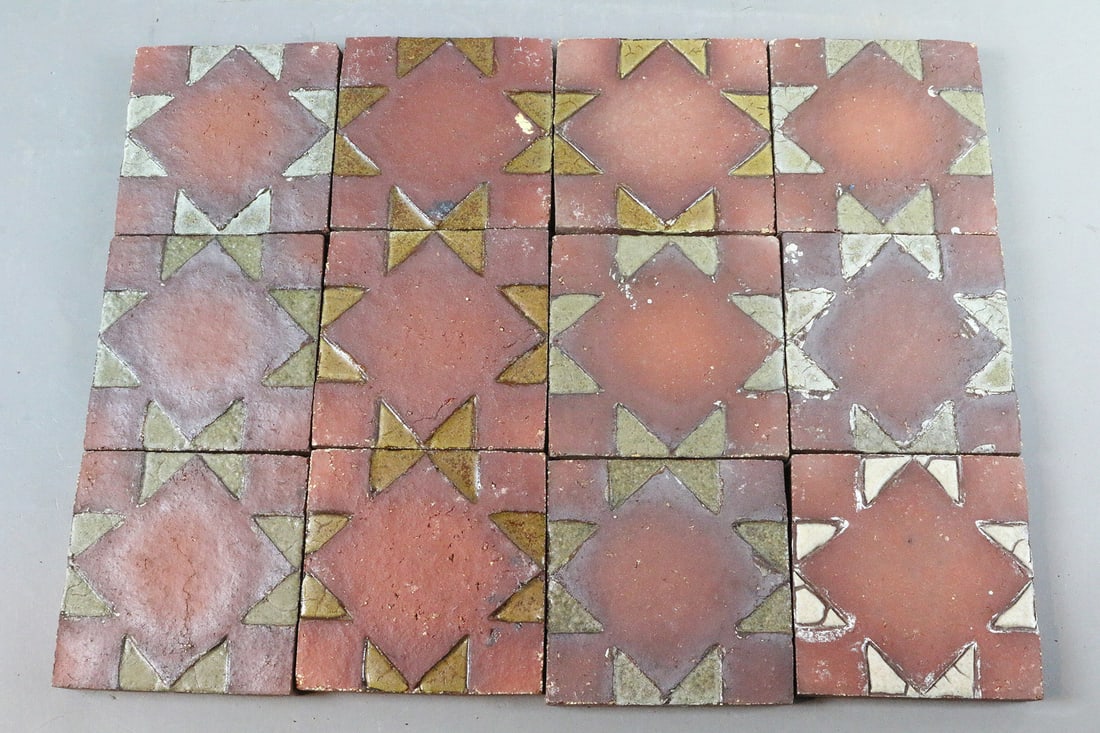 Grueby 4x4 Ochre and Rust Tiles, 12: Grueby 4x4 Ochre and Rust Tiles, 12