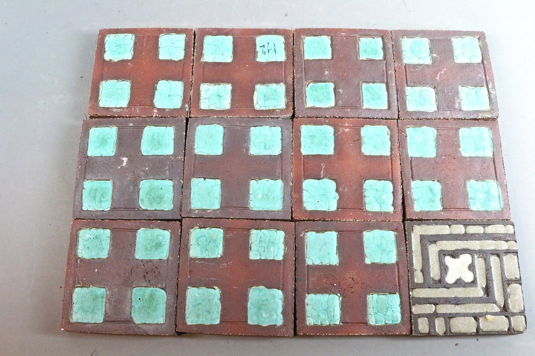 Grueby 4x4 Green and Brown Tiles, 12: Grueby 4x4 Green and Brown Tiles, 12