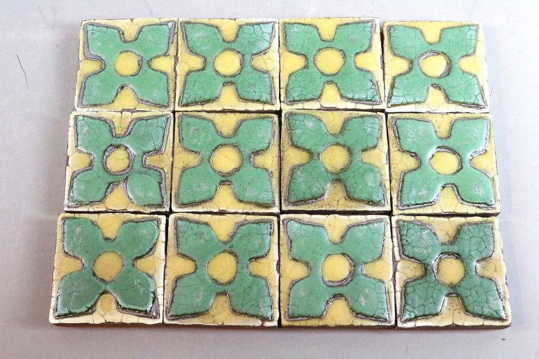 Grueby Green and Mustard 3x3 Tiles ,12: Grueby Green and Mustard 3x3 Tiles ,12