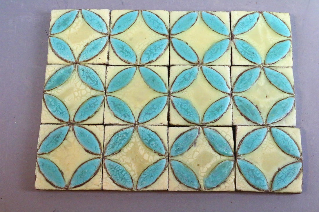 Grueby Green and Yellow 3x3 Tiles ,12 (1 of 3)