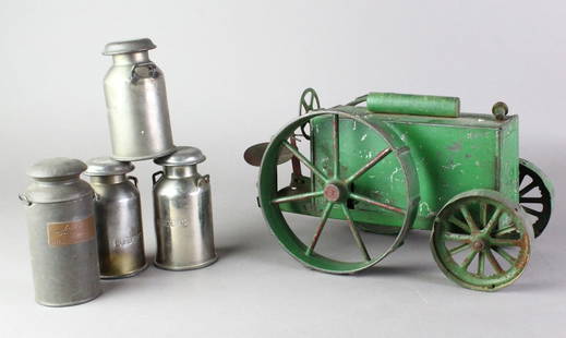 1900s Pressed Steel Tractor & Borden's Milk Cans: 1900s Pressed Steel Tractor Hill Climber & Borden's Milk Cans. Tractor runs, possibly early Dayton, Clark or Scheible.