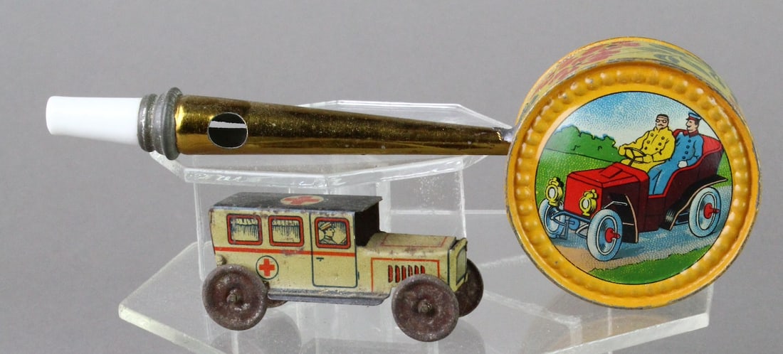 German Tin Penny Toy Ambulance & Rare Auto Noisemaker (1 of 4)