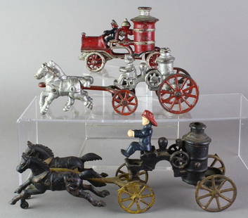 3 Cast Iron Fire Pumper Steam Boiler Engines: 3 Cast Iron Fire Pumpers, 2 horse drawn. Hubley and unknown makers, some repainting red one. Driver replaced on black.