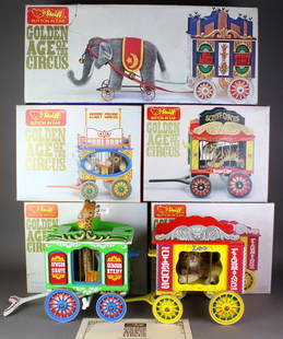 Steiff Circus Wagons with Animals in Boxes: Steiff Circus Wagon Set with Animals in Boxes. Pristine large set of circus animals all with Steiff tags in circus wagons in the original box. Each box contains the certificate of authenticity. Excell