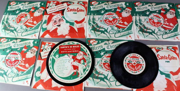 1960s Santa-Gram Record For Kids NOS Store Stock: 1960s Santa-Gram Record For Kids NOS Store Stock. Each record had the child's name so when played it was a personalized recording from Santa himself. There are 10 mint records and record sleeves with