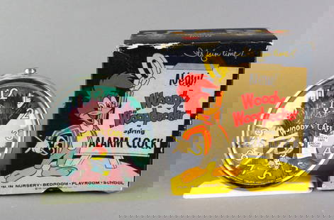 Woody Woodpecker Alarm Clock Mint in Box: Mint never used Woody Woodpecker Alarm Clock with the price tag in the original bright box. Great graphic Woody\'s Cafe and mint store stock clock by Columbia Time products Illinois.