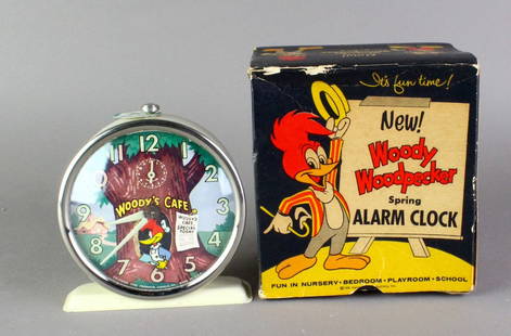 Woody Woodpecker Alarm Clock Mint in Box: Mint never used Woody Woodpecker Alarm Clock with the price tag in the original bright box. Great graphic Woody\'s Cafe and mint store stock clock by Columbia Time products Illinois.