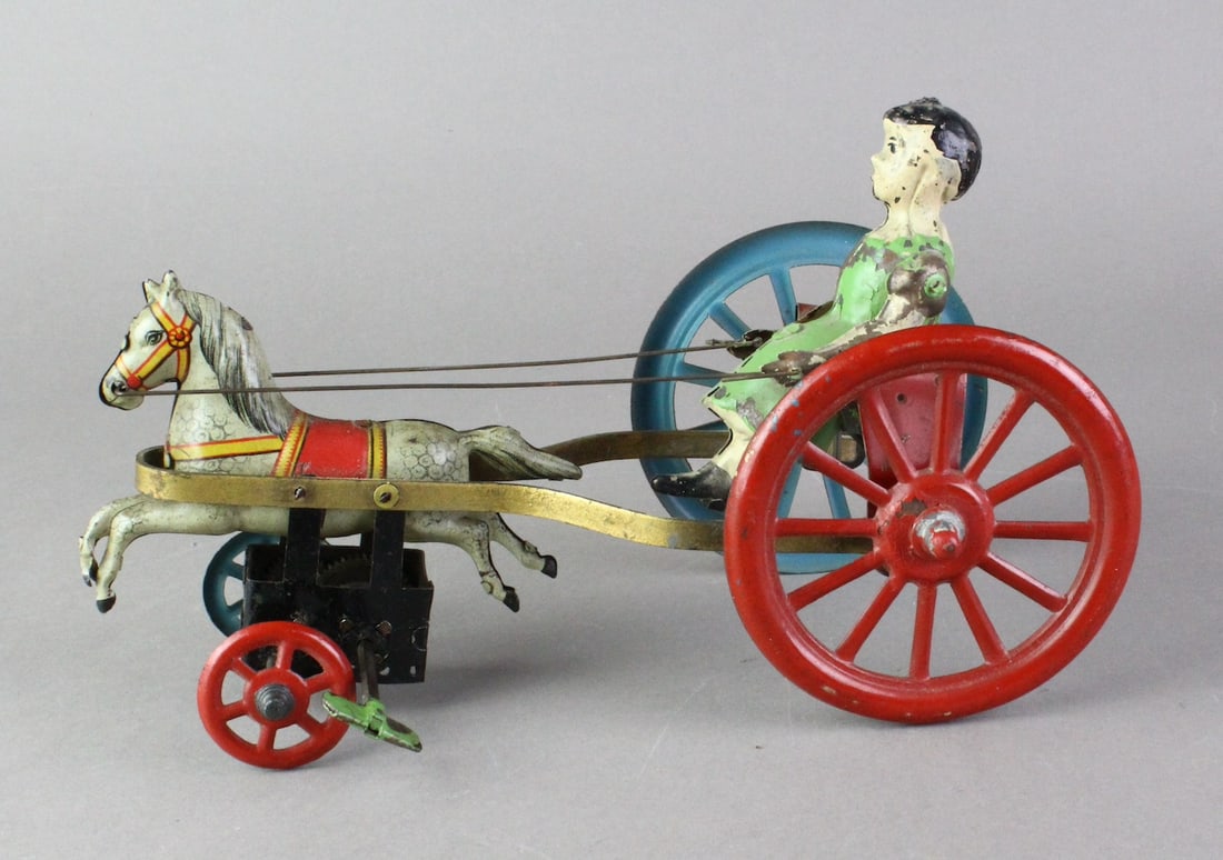 1900s German Tin Woman Pulled by Horse Wind Up (1 of 3)