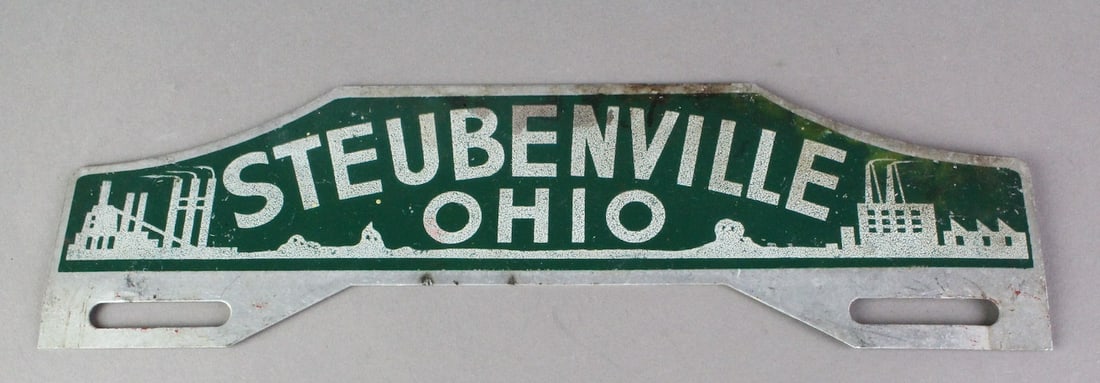 1930s Stuebenville Ohio License PlateTopper: 1930s Art Deco Stuebenville Ohio License Topper. Metal auto license plate holder.