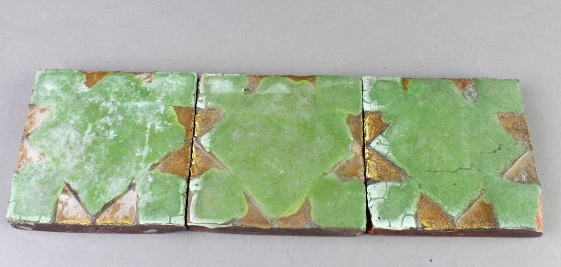Grueby Green 4 x4 Tiles- Three: Original Grueby Green 4 x4 Tiles- Three with green square pattern.