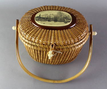 Barlow Nantucket Basket with Maritime Town Scene: Barlow Nantucket Basket with Maritime Town Scene. Excellent condition, It measures 10 1/2 x 7 1/2 inches.