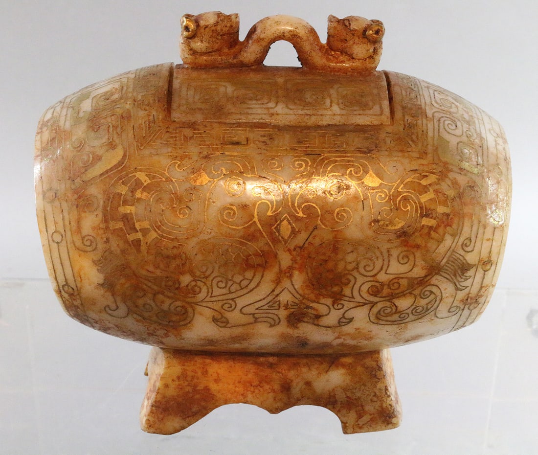 White Jade Gold Gilted Barrel Box 2500 BCE: White Jade Gold Gilted Barrel Box 2500BCE 6 inches