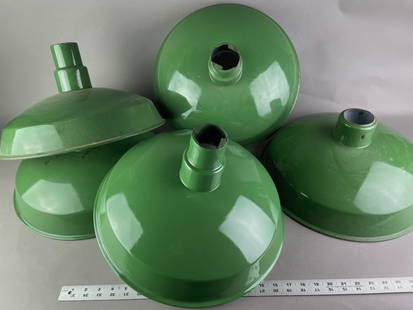 5! Old Store Stock Gas Station Porcelain Light Shades: 5 Old Store Stock Gas Station Porcelain Enamel Light Shades. Original never used 16 inch diameter shades. Porcelain is beautiful, 4 are identical and pristine, one has portion of top fitting removed a