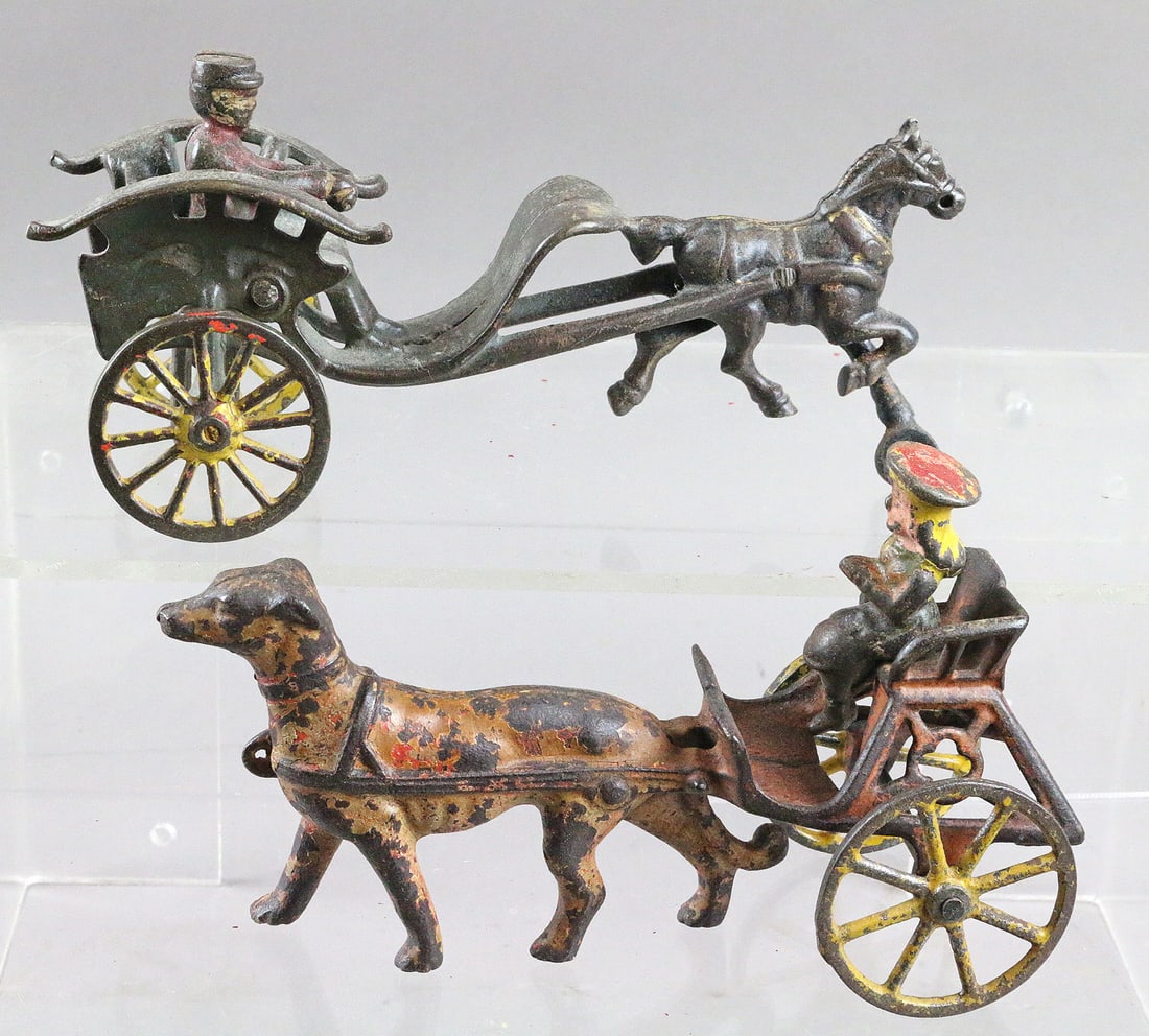 Cast Iron Horse Drawn & Dent Dog Cart Lot: Cast Iron Horse Drawn & Dent Dog Cart Lot 8 inches.