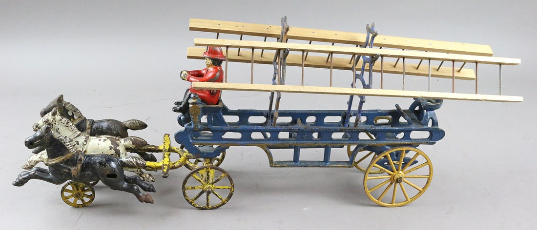 Cast Iron Horse Drawn Ladder Wagon: Cast Iron Horse Drawn Ladder Wagon 20 inches Blue