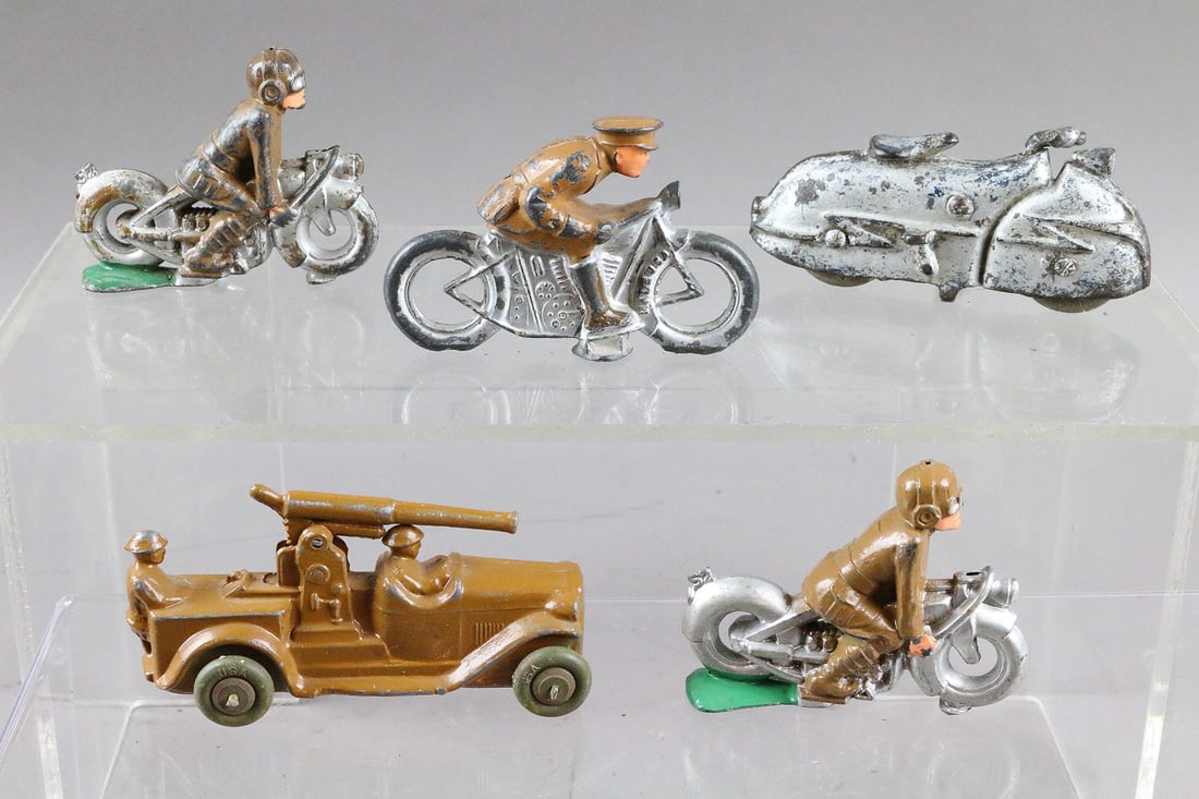 Barclay/Manoil Slush Motorcycle Lot: Barclay and Manoil Motorcycle Lot 3, 4, 5 inches