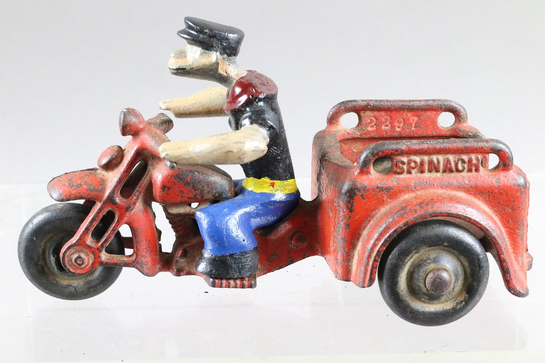 Hubley Popeye Spinach Crash Cycle Cast Iron: Hubley Popeye Spinach Crash Cycle Cast Iron 6 inches