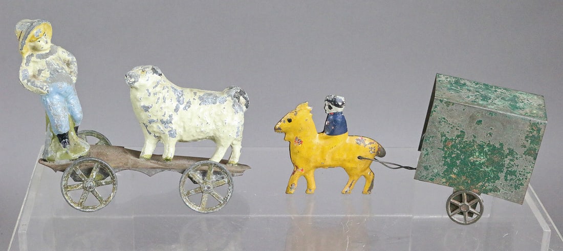 Horse Drawn 1890s Tin Toy Lot: Horse Drawn 1890s Tin Toy Lot 2, 5inches, lamb missing one wheel