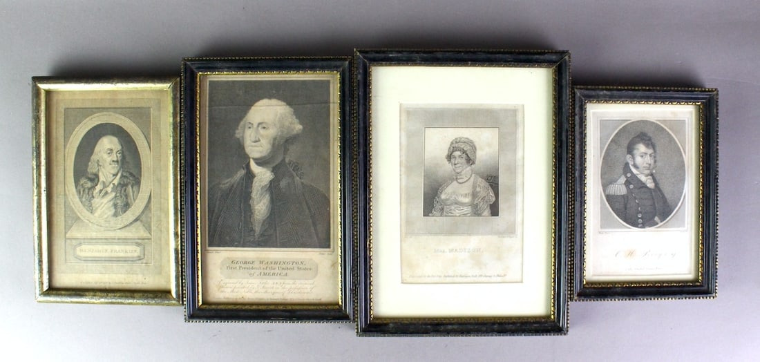 1804 Framed Engravings Washington, Franklin, Madison, Perry: 1800s Early framed engravings of George Washington, Benjamin Franklin, Dolly Madison, Admiral Perry. Longest 8 inches.