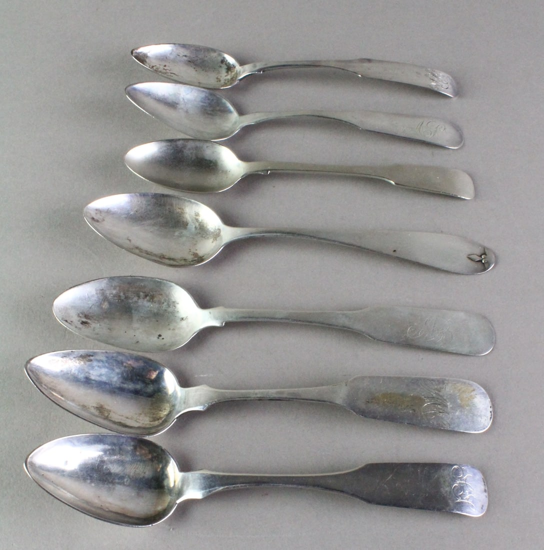 7 Coin Silver Teaspoons: Coin Silver Teaspoons. S. B. Gerry, S Kirk, Robinson, Yates, J.G. Baldwin, J. Moulton markings. Longest 6 inches. 3.4 ounces