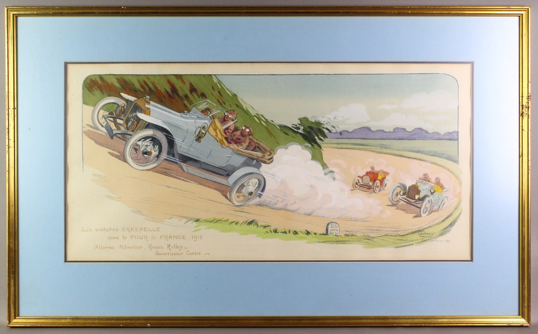 Original 1912 Montaut Car Racing Hand Colored Engraving: 1912 Montaut Car Racing Tour de France Hand Colored Engraving. Beautifully done Ernest Montaut Hand Colored by Gamy, pochoir Lithograph- Racing Tour de France, Countryside Auto race. Les voitures CRES
