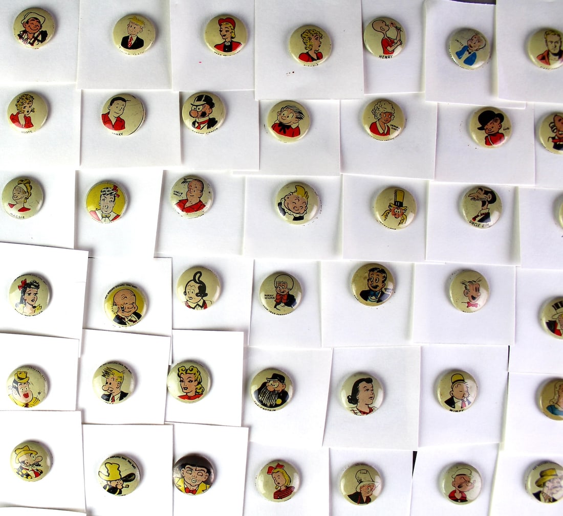 100 Kelloggs Pep Cereal Pins Cartoon Characters Set: 100 Graphic Kelloggs Pep Cereal premium Pins of famous cartoon characters of the 1930s to 1950s. Popeye, Lil Abner, Dagwood, Blondie, Dick Tracy and friends, Wimpy, Felix, The Phantom, Skeezix, Superm