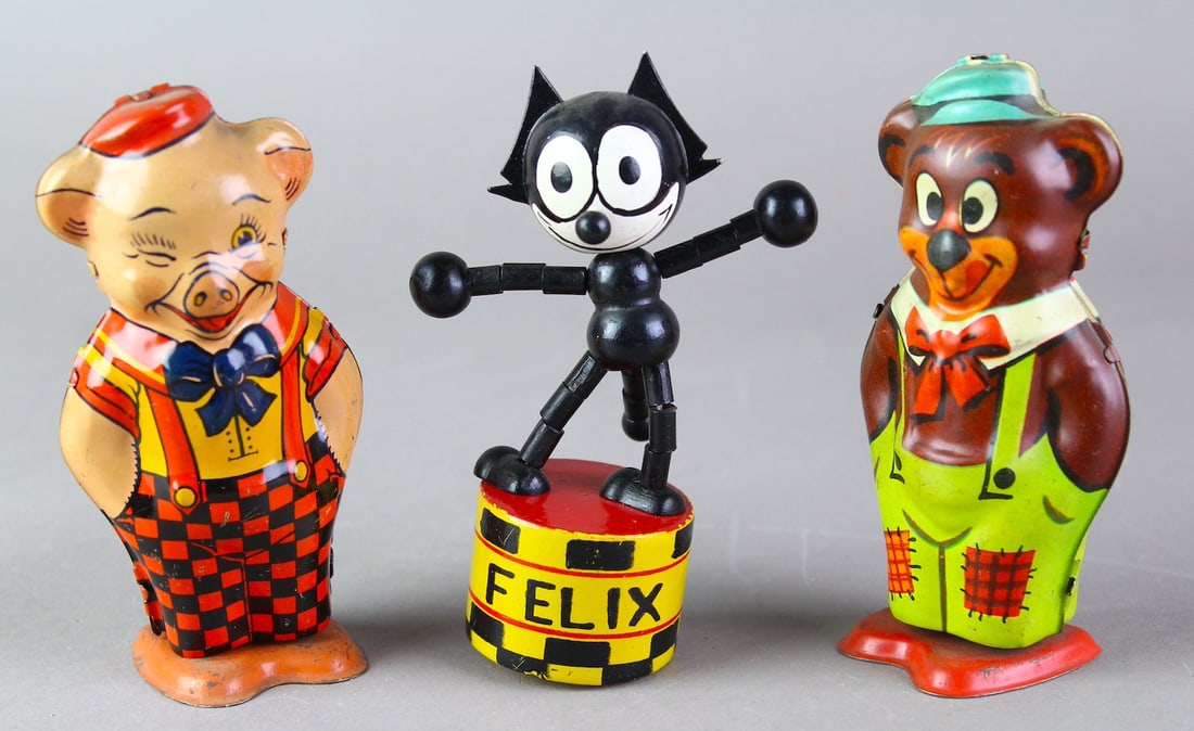 J. Chein Tin Walkers & Felix Push Toy: J. Chein Tin Walker Pig and Bear & Felix Push Toy