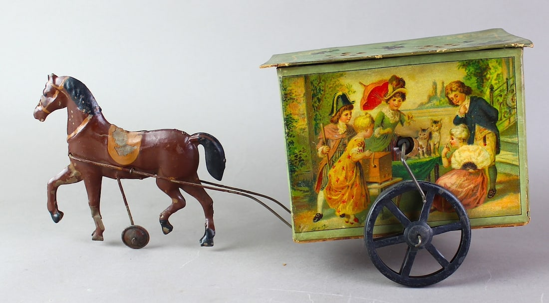1890s Lithographed Horse & Music Wagon: 1890s Lithographed Horse & Wagon. Elaborate ltiho on board of 1800s society pulled by painted tin horse. Wagon has plink-plunk sound music box when crank is turned. Maker unknown, American or French?
