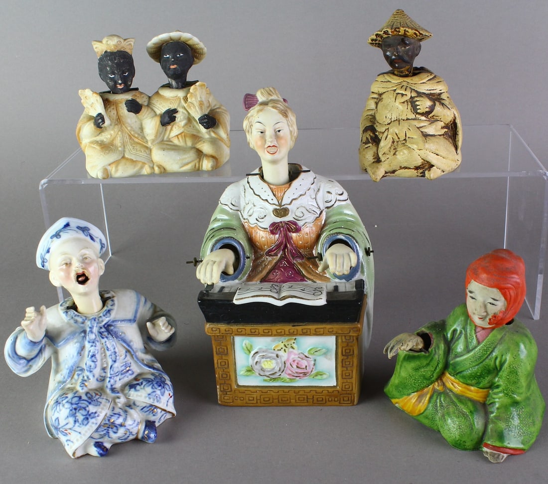 5 Asian Porcelain Nodders Bisque: 5 Asian Nodders Bisque. Includes center piano player 6 inches tall. Excellent original condition.