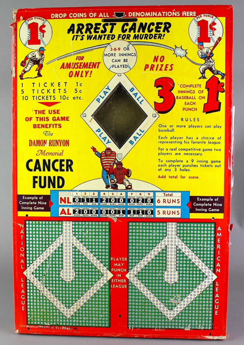 1950 Baseball Gambling Punch Game: Baseball Gambling Punch Game. Gambling baseball fund raiser against cancer. Unused scarce graphic piece. Measures 13 x 20 inches tall.