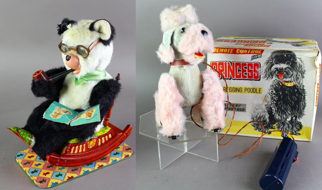 1950s Japan Princess Poodle in Box & Grandpa Bear: Japan Princess Poodle Mint in Box & Grandpa Bear with smoking and rocking action. Battery operated toys from Japan. Not working.