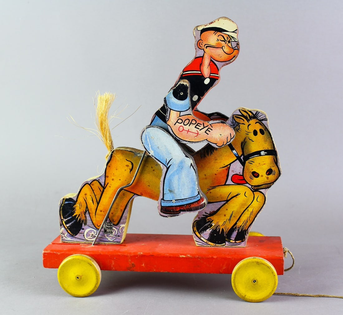 1937 Popeye On Horse Early Fisher Price Toy: 1937 Popeye Cowboy On Horse Early Fisher Price pull toy. Bright graphics, excellent 10 inches long.