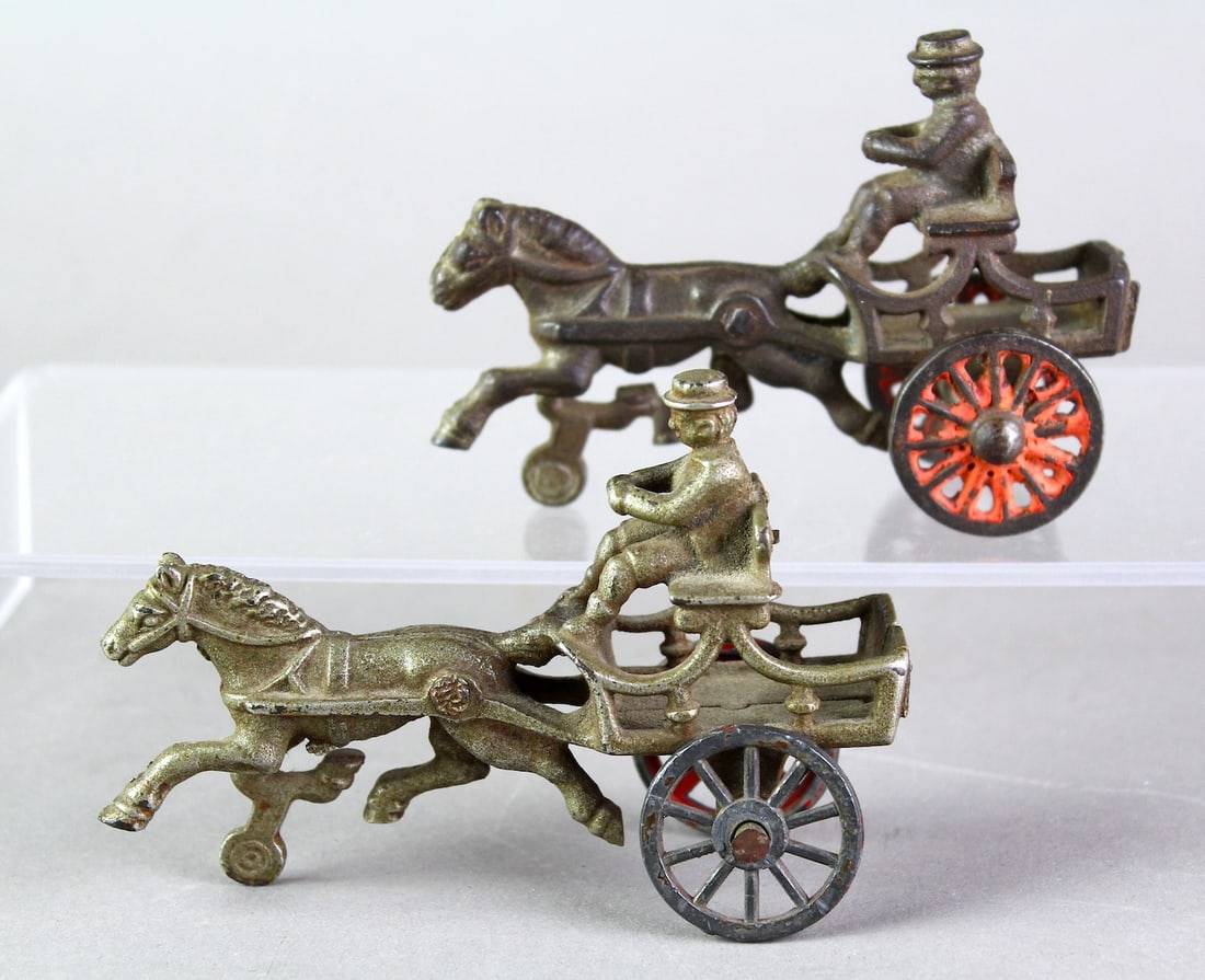 Pair- Hubley Early One Horse & Rider Wagon: 2 Hubley Cast Iron Early One Horse & Rider Wagons.