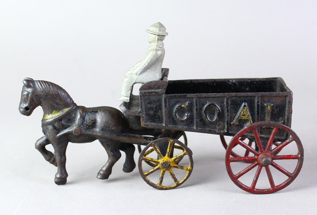 Hubley Cast Iron Coal Horse Drawn Wagon: 1927 Hubley Cast Iron Coal Horse Drawn Wagon 9 1/4 inches.