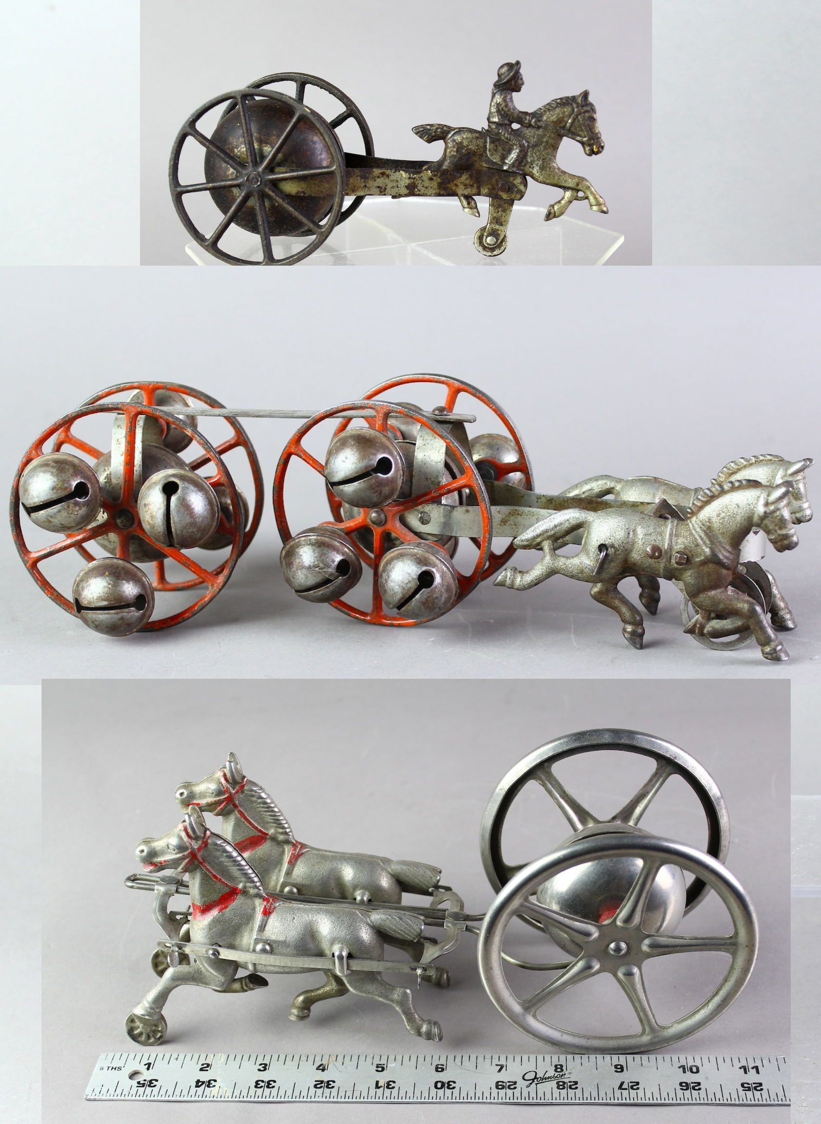 3 Bell Toys Horse Drawn Cowboy, Double Bell &: 3 Bell Toys Horse Drawn Cowboy, Double Bell & Single wheel bell toy with 2 horses. Longest 12 inches.
