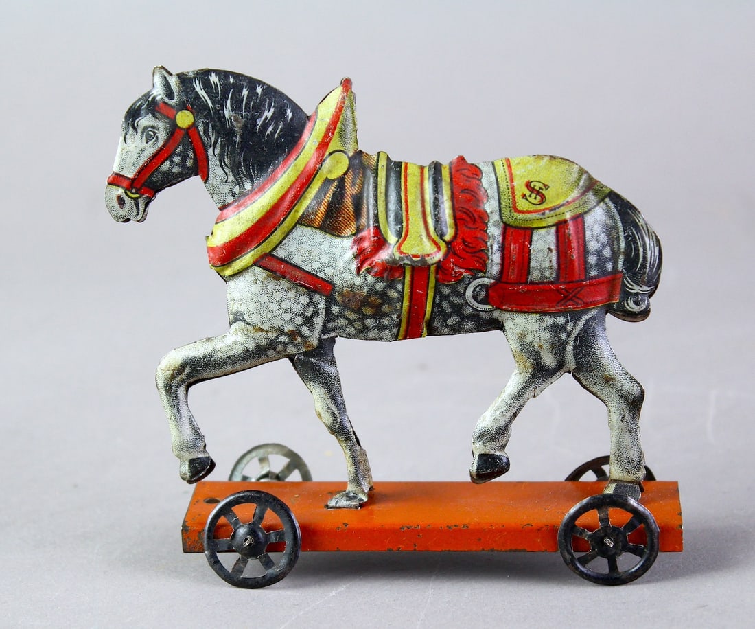 French Tin Colorful Platform Horse Nickel Toy: French Tin Colorful Platform Horse Nickel Toy. Scarce toy.