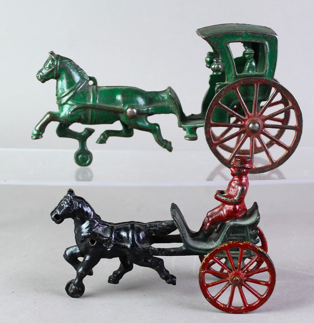 Cast Iron Dr Cart & Hansom Cab Horse Drawn: Cast Iron Doctor's Cart & Hansom Cab Horse Drawn. Longest 7 1/4 inches. Great paint, top Dr. appears to be Wilkins and possibly Hubley for the cab.