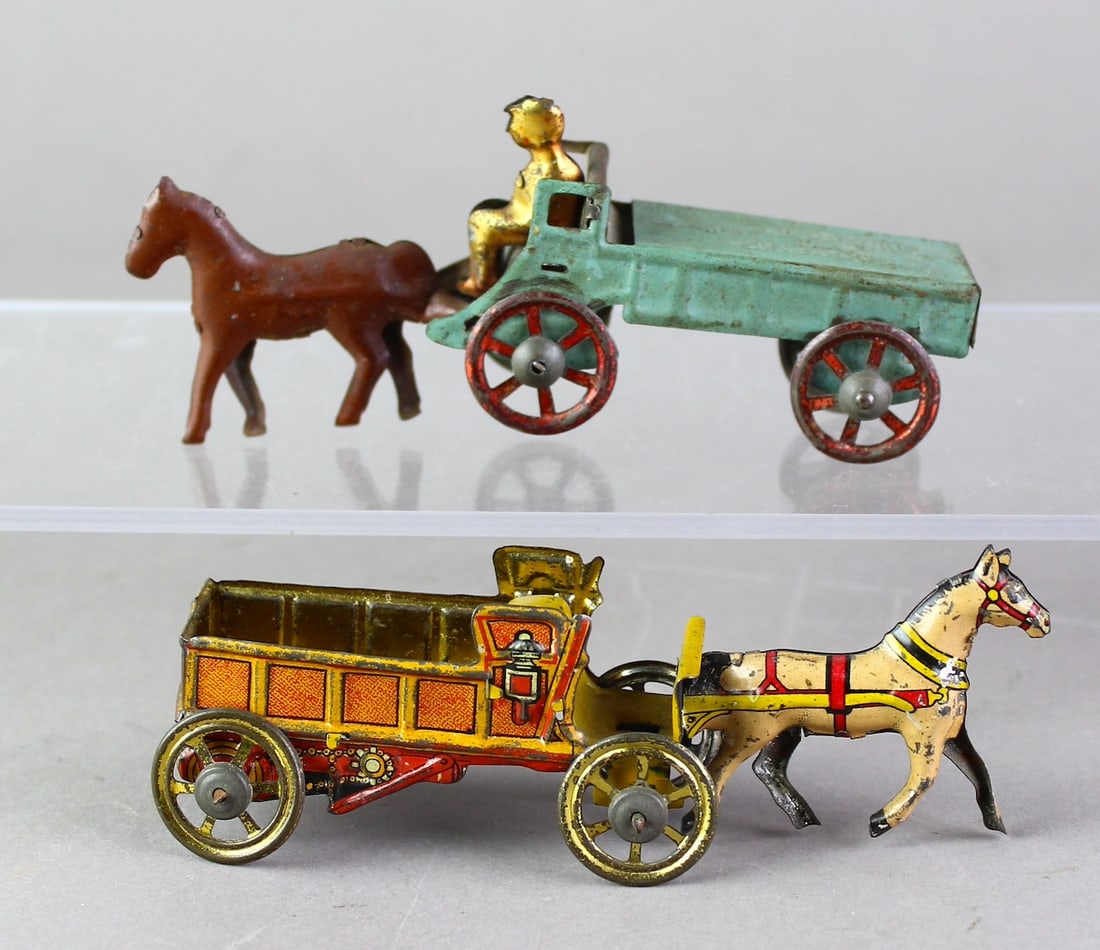 2 German TIn Penny Toys Horse & Wagon World's Fair: 2 German Penny Toys Horse & Wagon World's Fair Souvenir penny toy. Meier & German maker toys.
